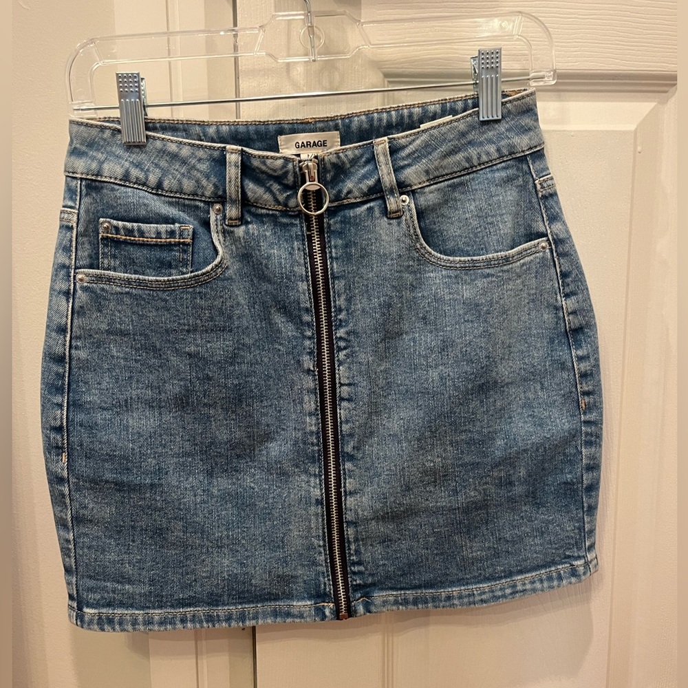 Garage, denim mini skirt with zipper down front
